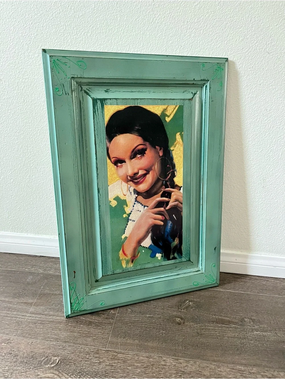 Turquoise Distressed Wood Picture Frame with Portrait Artwork